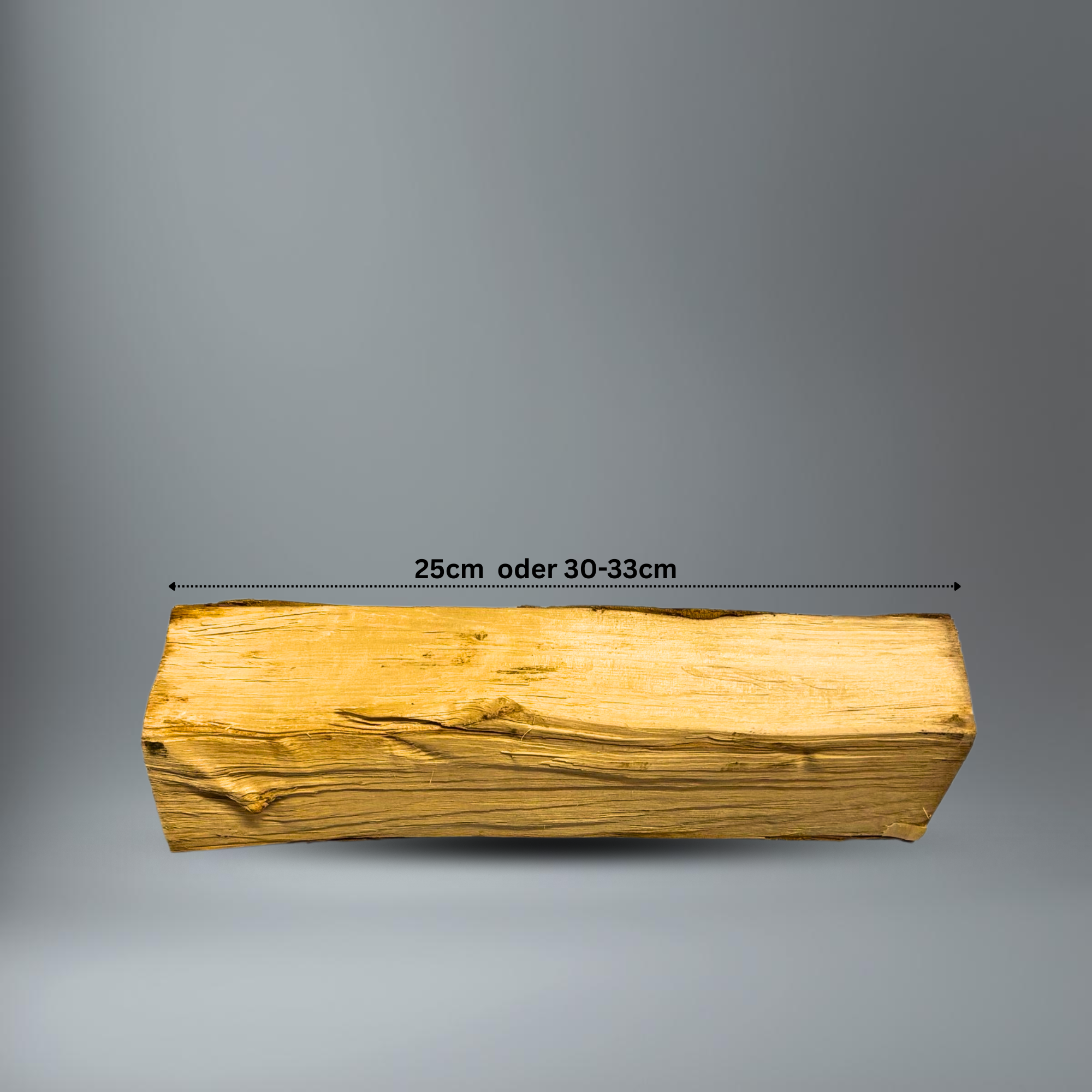 BlackSellig Brennholzscheit im Seitenprofil mit dem Längenvermerk "25cm oder 30-33cm"