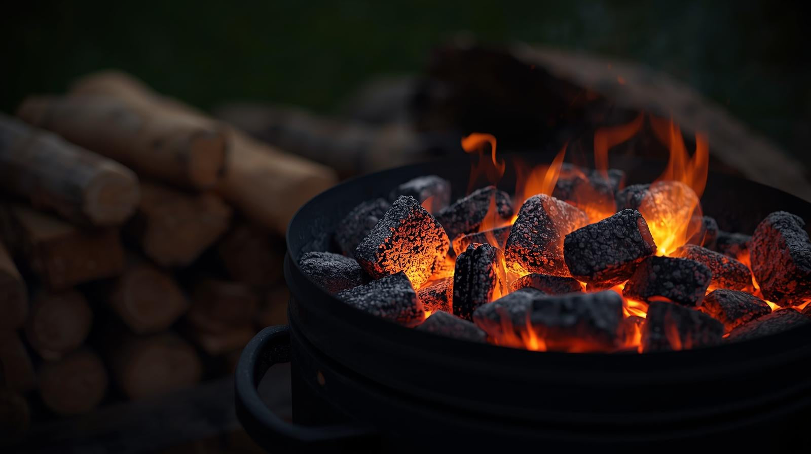 Brennende Grillbriketts im Grill mit Holzstapeln im Hintergrund