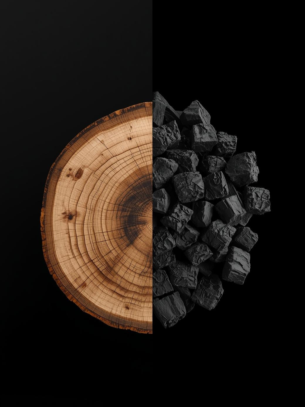 Vom Baum zur Grillkohle: Baumstamm-Querschnitt links und fertige Holzkohle rechts