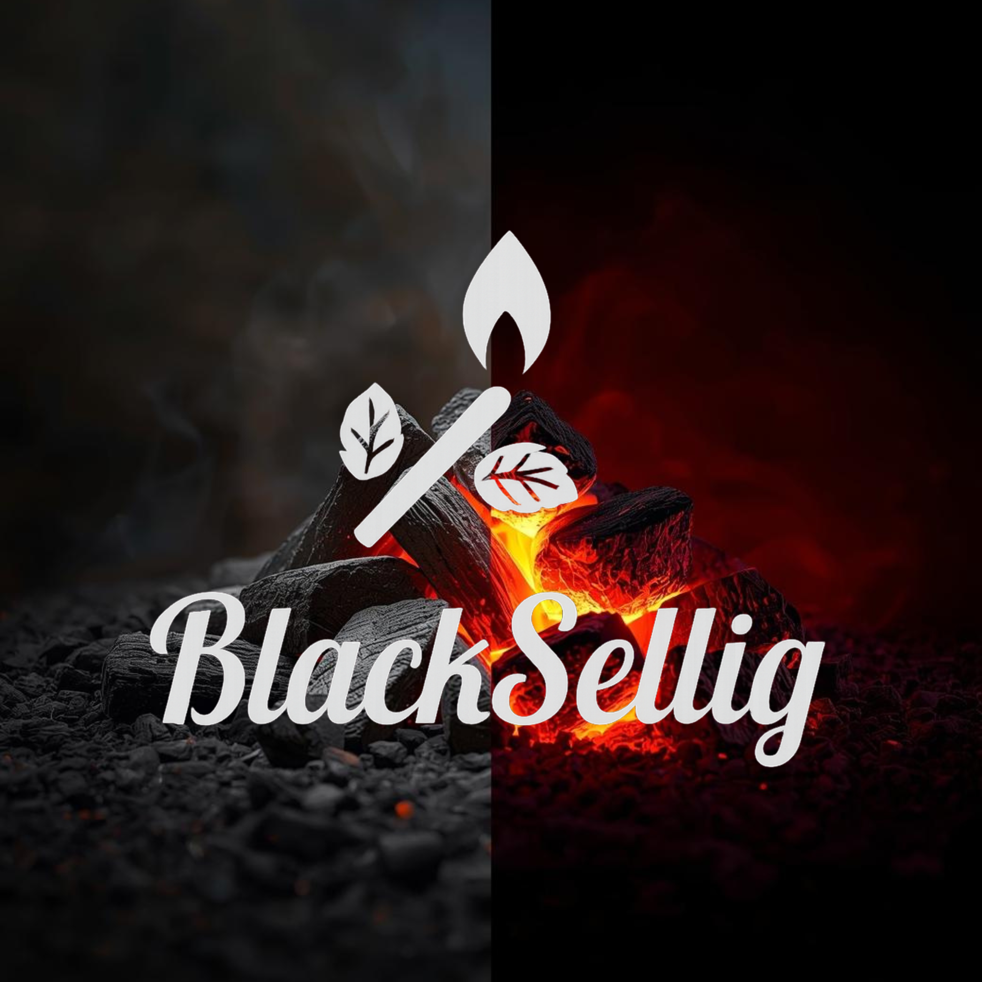 Logoschriftzug "BlackSellig" auf Kohlehaufen. Eine hälfte ist nicht entzündet, die andere Hälfte glüht