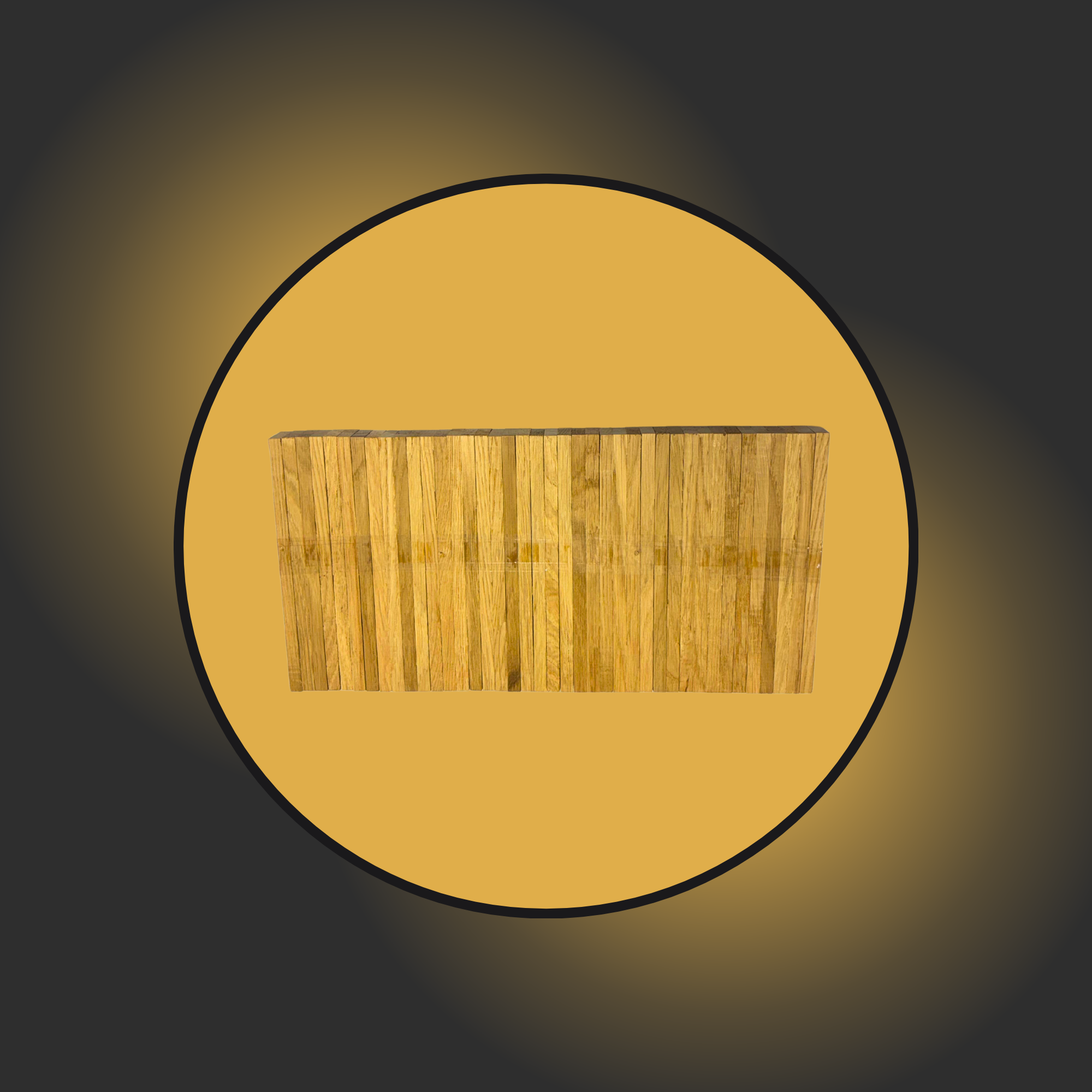 In einem beigem Kreis sieht man 40 Bastelhölzer nebeneinander aufgereit.