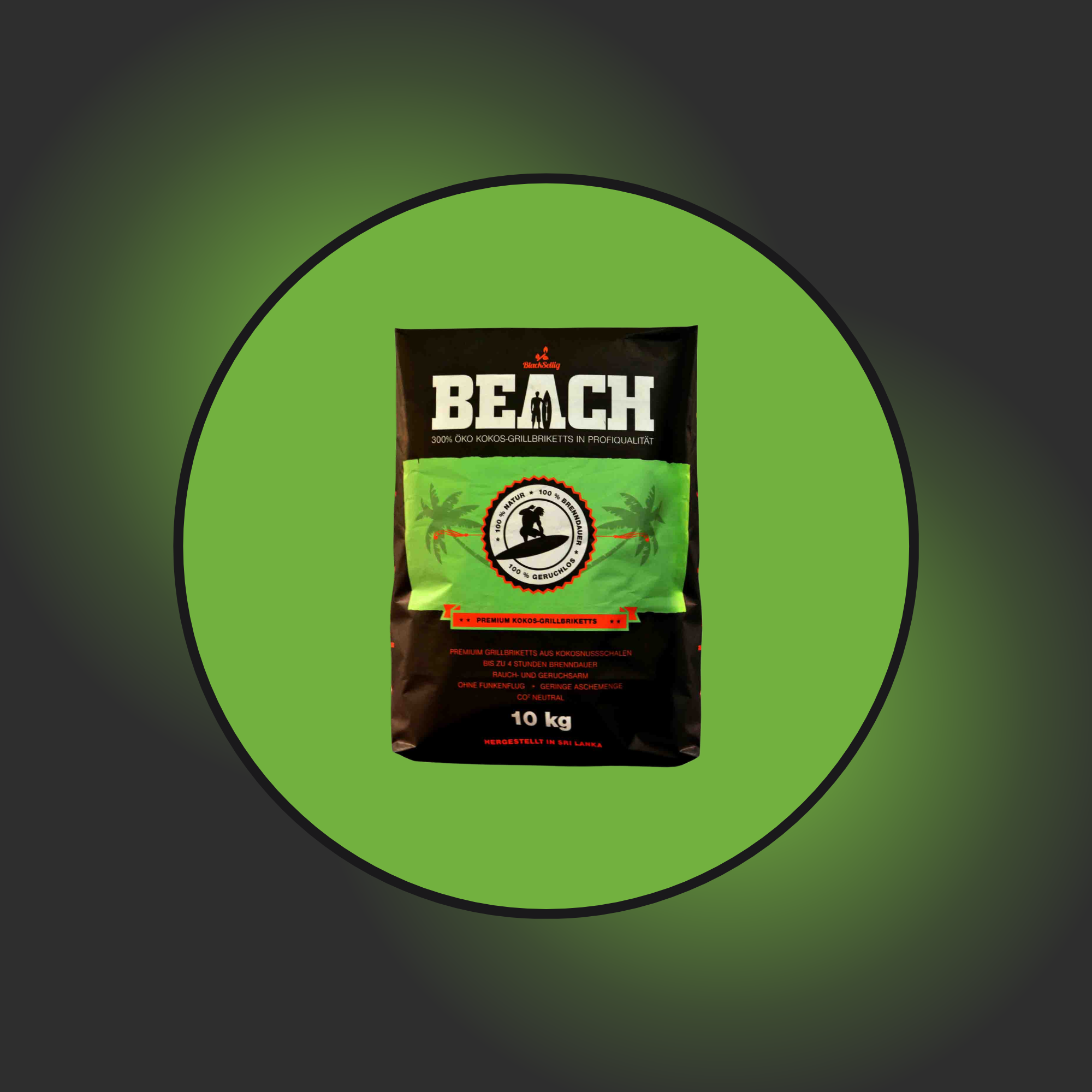 1 Sack BlackSellig 10kg Kokos Grillbriketts auf grünem Grund